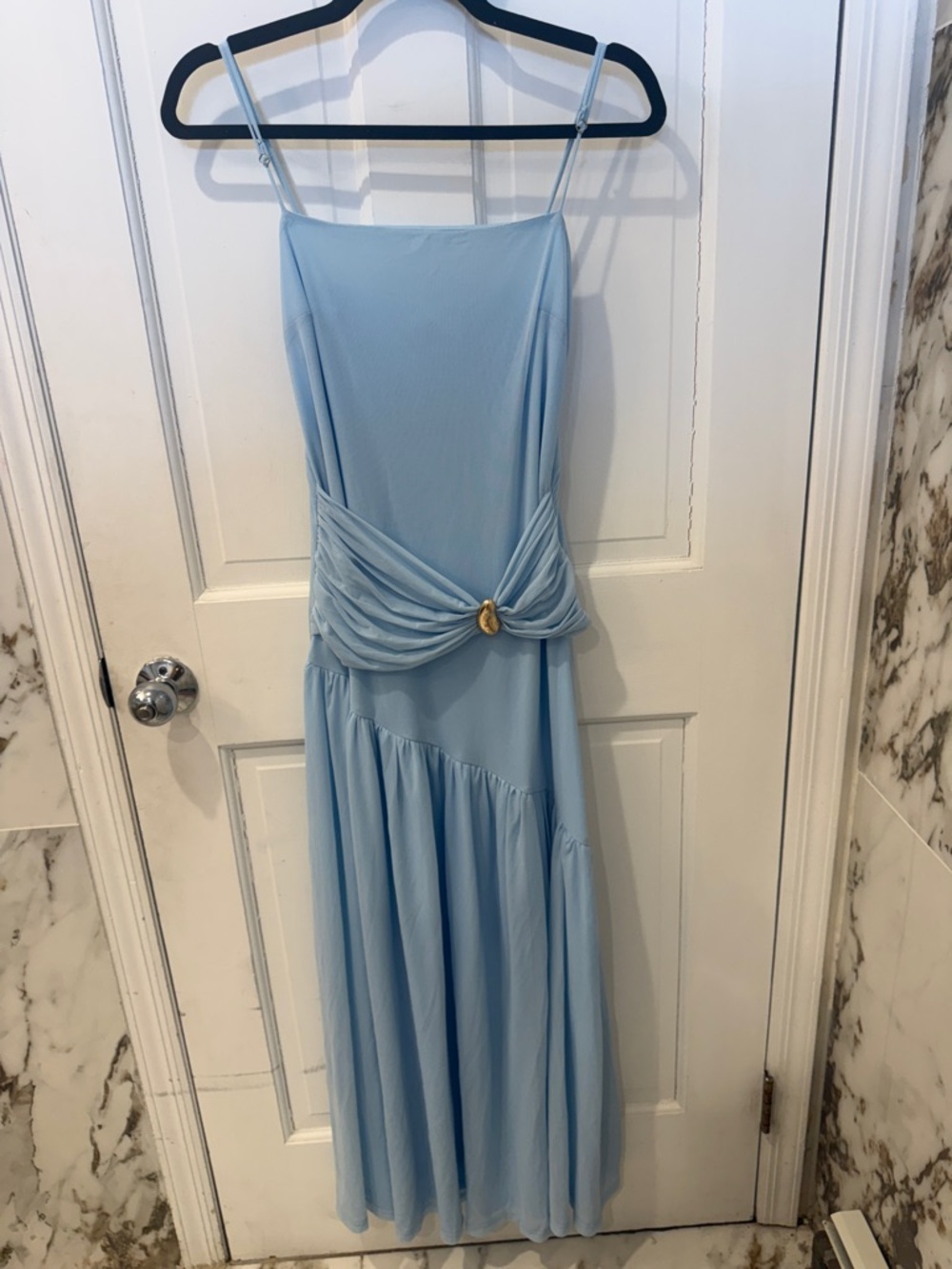 Light Blue Spaghetti Strap Maxi Dress with Draped Waist